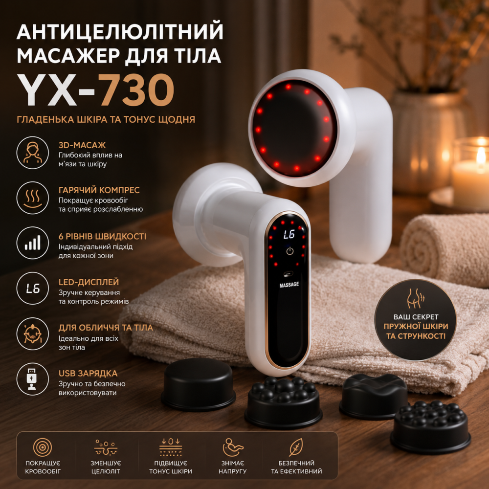 Антицелюлітний масажер для тіла YX-730 3D-масаж, гарячий компрес, 6 швидкостей, LED-дисплей, для обличчя та всього тіла, білий Київ - фото 9