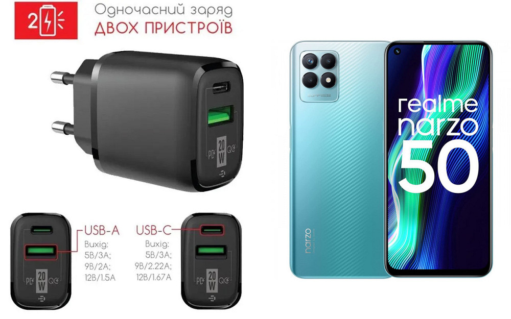 Сетевое зарядное устройство для Realme Narzo 50, Narzo 50 Prime, 20W 3A, Quick Charge 3.0 Киев - изображение 1