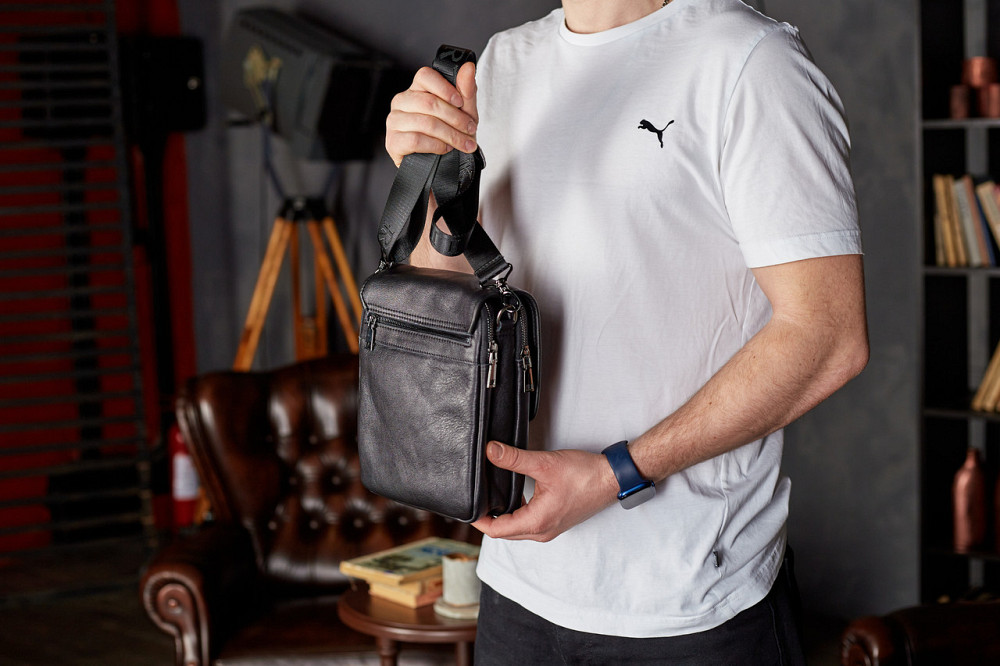 Месенджер із клапаном через плече 24х20х6, шкіряна барсетка Tiding Bag TD-20033 чорна Київ - фото 14