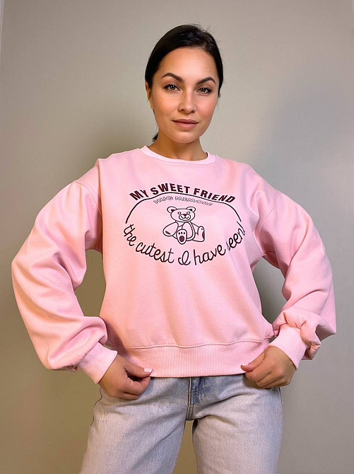 Свитшот женский A-N 25057 с рисунком мишкой впереди оверсайз средней длины комфорт one size, розовый, one size Киев - изображение 14