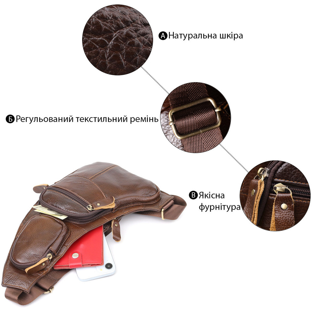 Сумка для чоловіків з великою кількістю кишень із натуральної шкіри Коричневий (Vintage) Київ - фото 8
