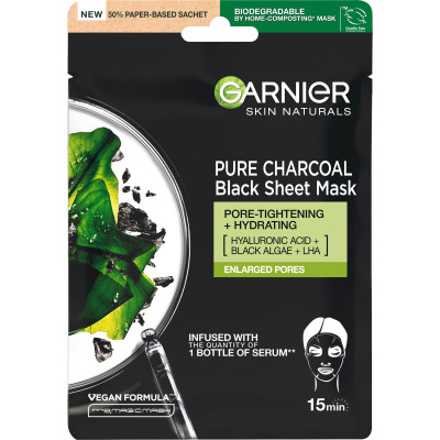 Маска для обличчя Garnier Skin Naturals Чорна Тканинна Вугілля + Чорні водорості 28 г (3600542097208) Вінниця - фото 1