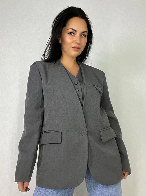 Пиджак женский Qidian 9329 двойка имитация жилетки оверсайз свободный широкий крой one size, серый, one size Киев - изображение 11