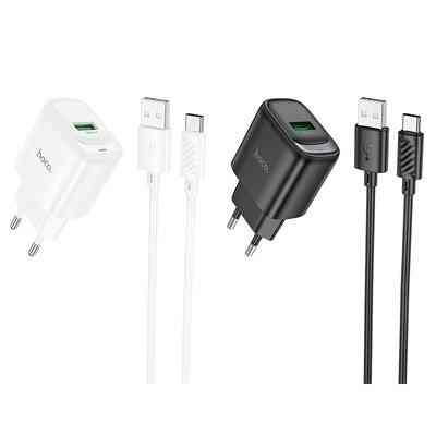 Мережевий зарядний пристрій Hoco C140A Smart single port QC3.0 charger set(Type-C)(EU) Black (6942007627825) Київ