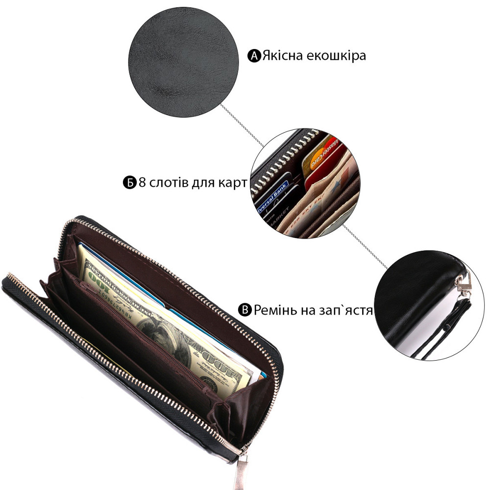Кошелек женский на одну молнию из экокожи гладкий KIVI 19040 Черный Киев - изображение 5
