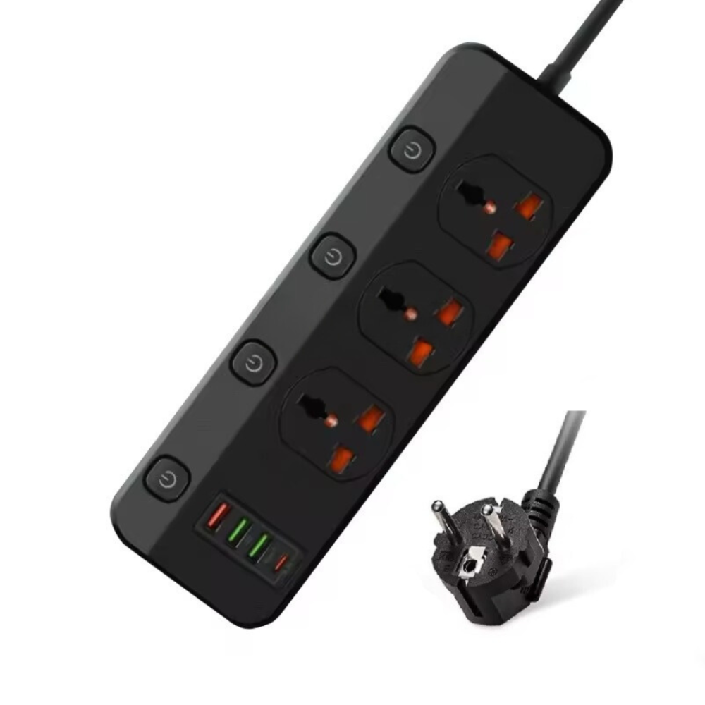 Мережевий фільтр BKL-123 10А, 100-250V + 1 PD20W + 1 QC3.0 + 2 USB на 3 розетки, чорний Кам'янець-Подільський - фото 1