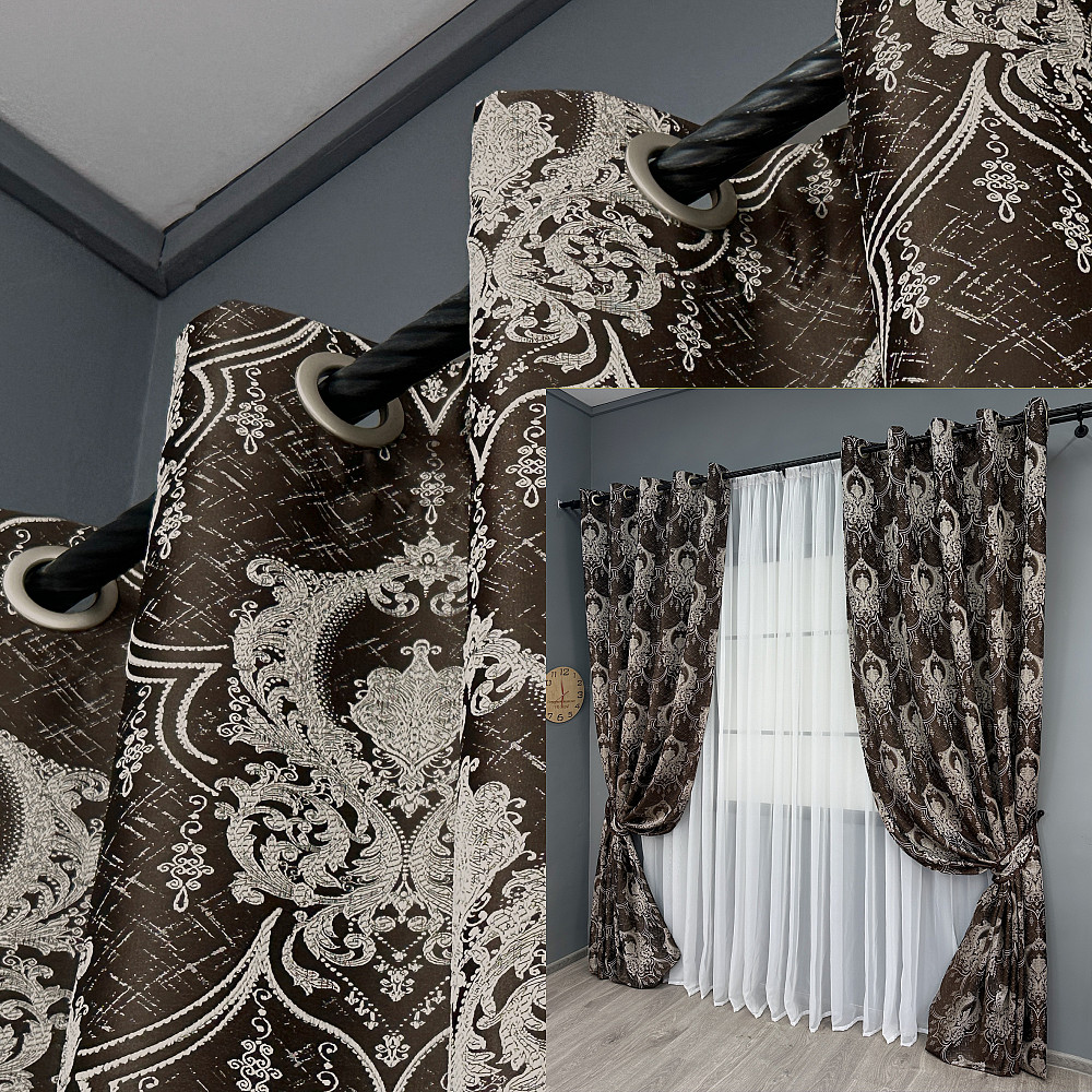 Комплект штор на люверсах VR-Textil Парча № 1773ш Венге з молочним 155х270 см 2 шт (37-0260) Київ - фото 1