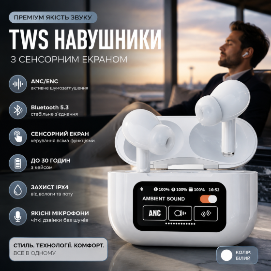 Беспроводные наушники TWS Touch Screen с сенсорным экраном, ANC/ENC шумоподавлением и Bluetooth 5.3, White (Белые) Киев