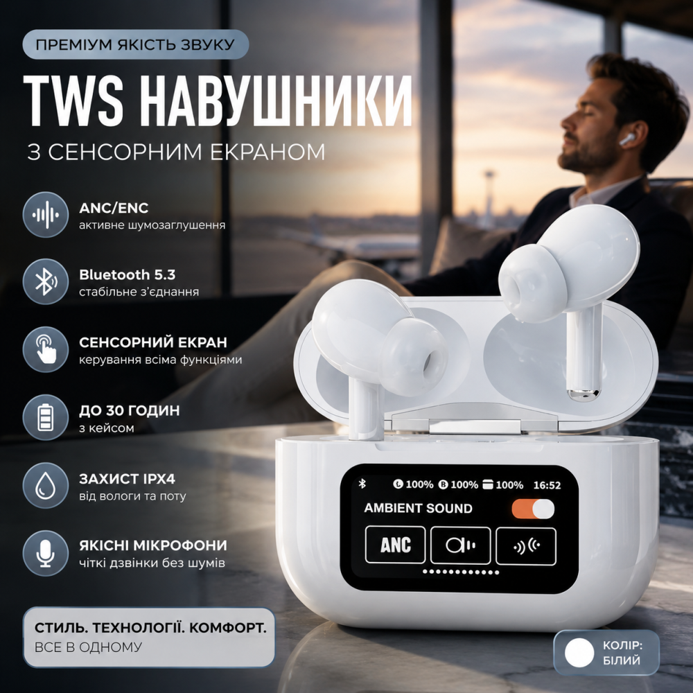 Беспроводные наушники TWS Touch Screen с сенсорным экраном, ANC/ENC шумоподавлением и Bluetooth 5.3, White (Белые) Киев - изображение 1