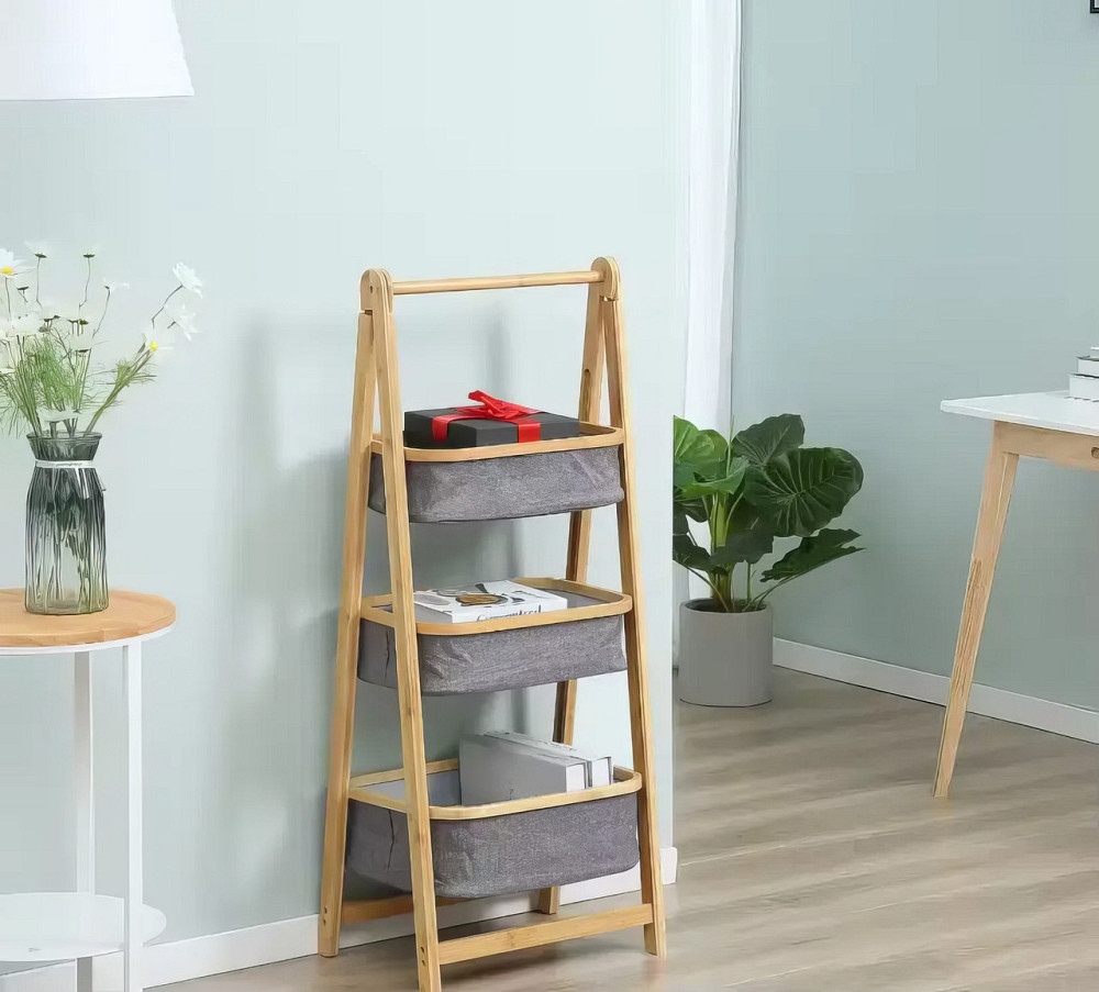 Складная полка для одежды из бамбука с тканевыми корзинами, корзина для белья, 44×35×99см Каменец-Подольский - изображение 1