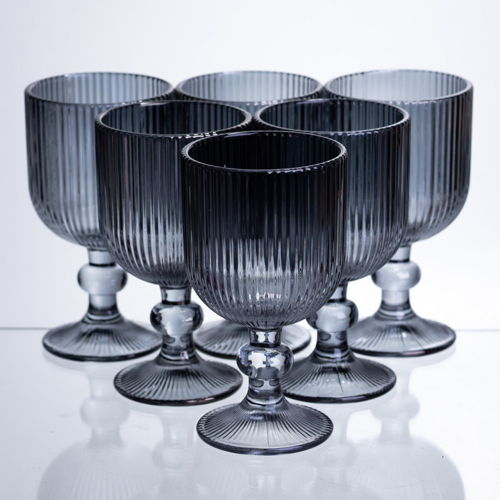 Набір келихів для вина 6 штук по 240 мл ребристих із товстого скла сірий HP-19-230 Коломыя - изображение 1