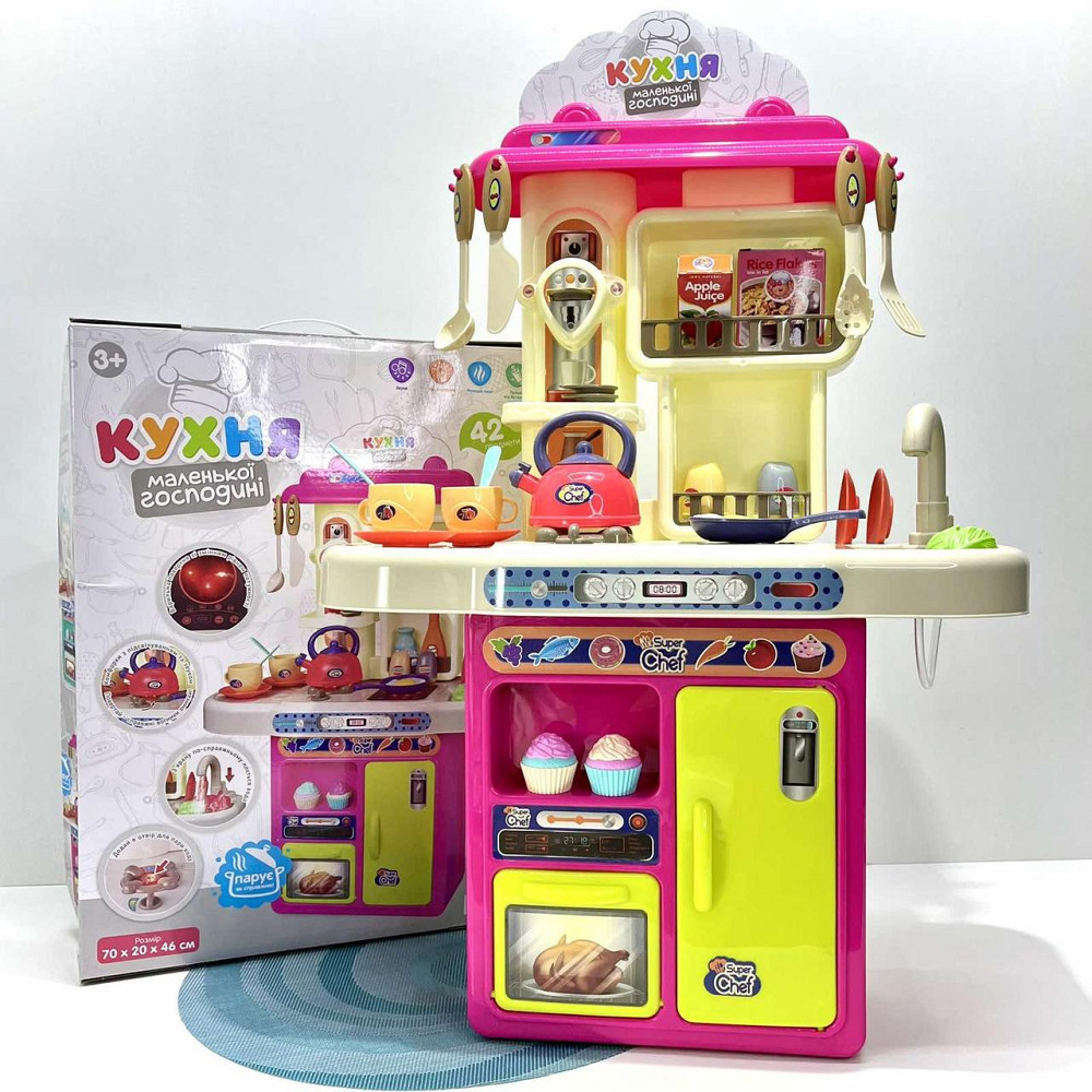 Кухня ігрова 42 предмети посуд продукти плита мийка-льюча вода пар музика світло на батарейках Рожева (16890B) Чернігів - фото 1