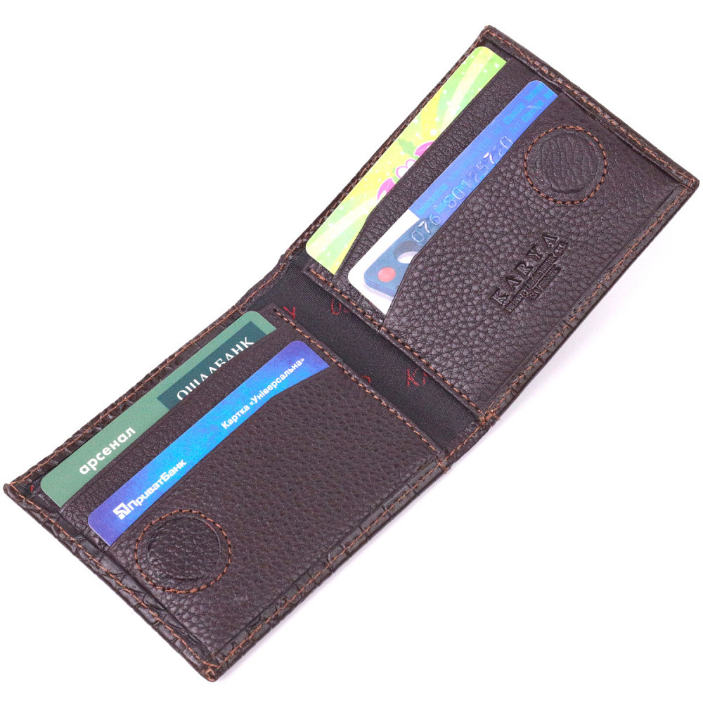 Фактурний чоловічий затиск із монетницею з натуральної шкіри з тисненням під крокодила KARYA 21405 Коричневий Київ - фото 4