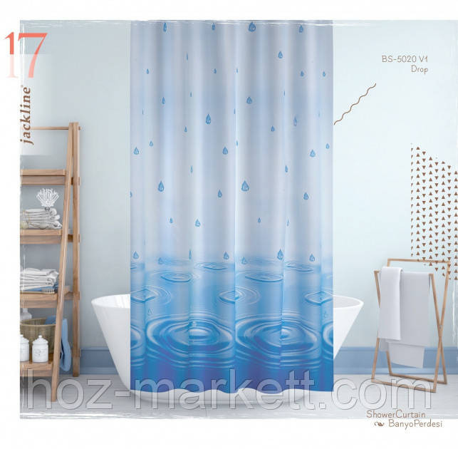 Тканевая шторка для душа Тропик 180 х 200 см Турция капли голубая Харьков - изображение 1
