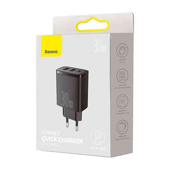 Мережевий зарядний пристрій Baseus Compact Quick Charger 2U+C 30W EU, колір чорний CCXJ-E01 Одеса