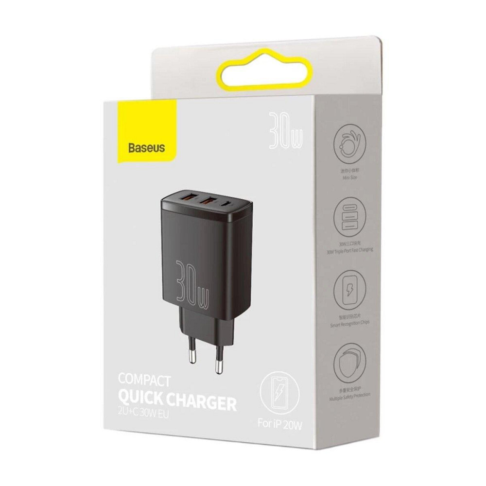 Мережевий зарядний пристрій Baseus Compact Quick Charger 2U+C 30W EU, колір чорний CCXJ-E01 Одеса - фото 5