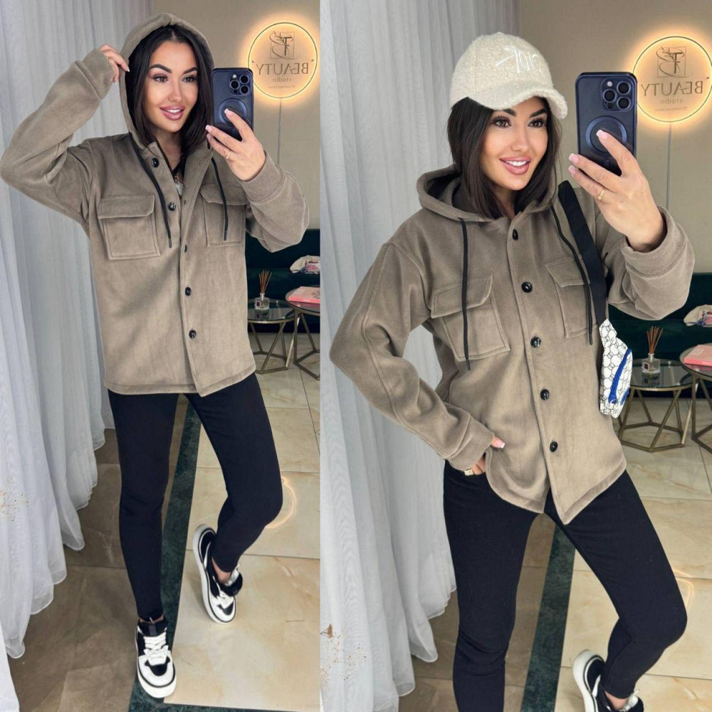 Женская теплая рубашка на пуговицах с капюшоном и двумя накладными карманами турецкий плотный флис Бежевый, 42/44 Одесса - изображение 2