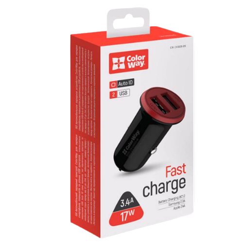 Автомобільний зарядний пристрій ColorWay CW-CHA026-BK 2USB 3,4А 17W червоний/чорний Житомир - фото 1