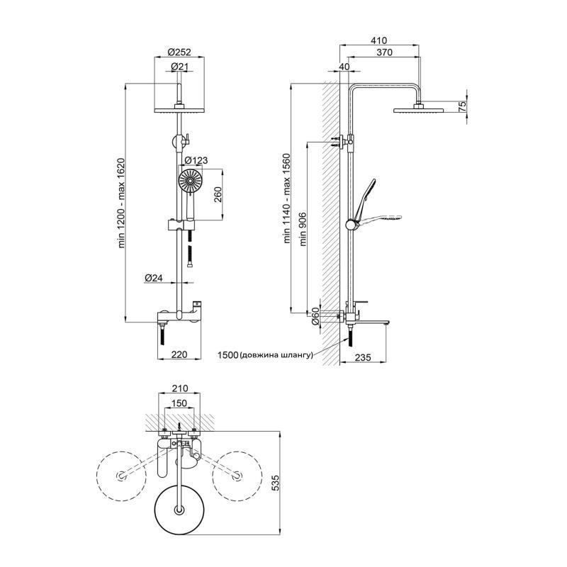 Душевая система для душа Qtap Jay на три потребителя (с изливом) QTJAY111BLM45549 Black Matt, латунь Харьков - изображение 2