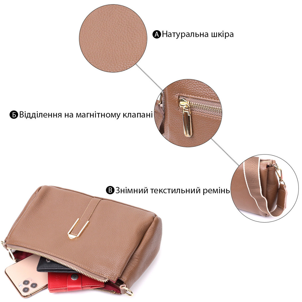 Женская стильная сумка через плече из натуральной кожи Vintage 22288 Бежевая Киев - изображение 4