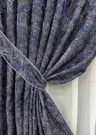 Комплект готових штор VR-Textil Льон Преміум № 1835ш Сірий з синім 200х295 см 2 шт (32-154) Київ