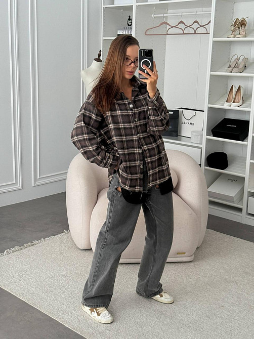 Женская оверсайз рубашка в клетку на пуговицах турецкая фланель-байка 100% хлопок Шоколад Одесса - изображение 3