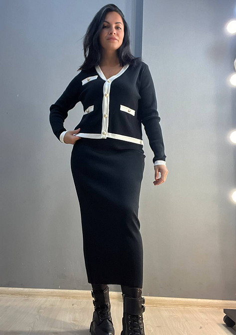 Костюм жіночий De Red 3167 кадиган з спідницею в'язаний біла смуга золоті гудзики чорний, чорний, one size Київ - фото 3