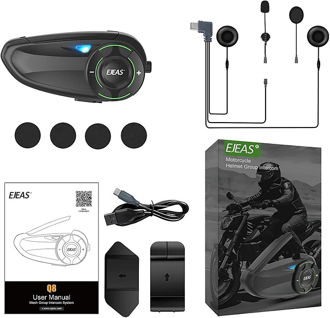 Bluetooth інтерком EJEAS Q8 з Mesh 3.0, CVC шумозаглушенням, FM, IP67, 1200 мАг акумулятор, мотогарн Київ - фото 9
