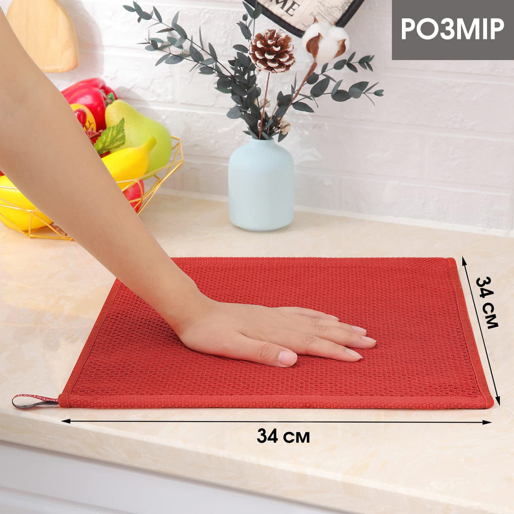 Набір кухонних рушників зі 100% бавовни - Вафельні серветки для кухні 34*34 см  6 шт Червоний Буча - фото 4