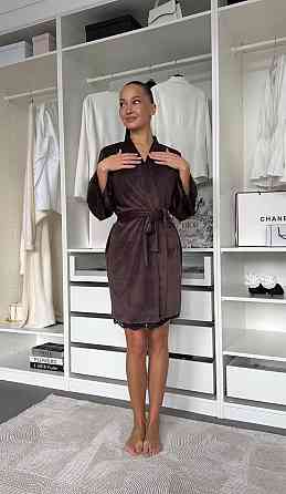 Женский халат на запах с кружевом велюр Шоколадный, 48/52 Одесса