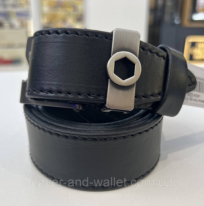 Модний чоловічий ремінь з натуральної шкіри з оригінальною пряжкою на дві спиці 40 мм PS Leather (чорний) Київ - фото 3
