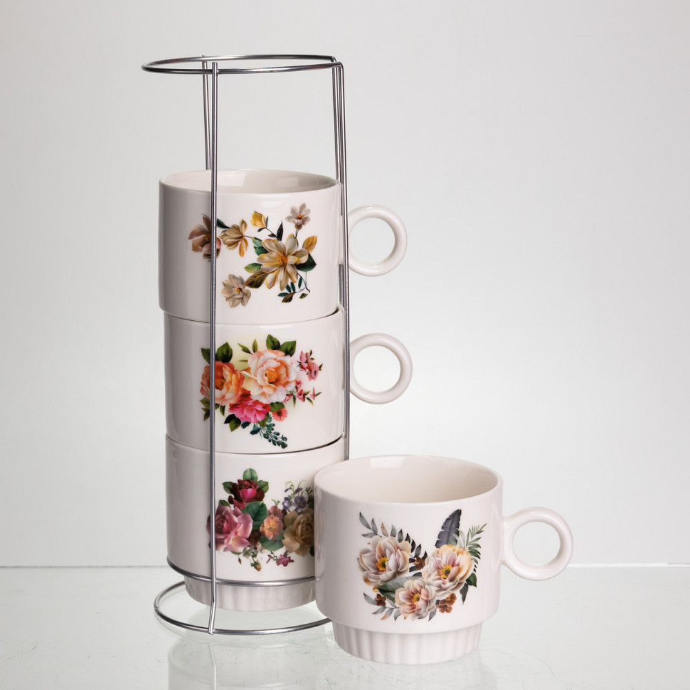 Yiwu Набір чашок для чаю та кави на металевій підставці Flower 4 (шт) по 300 (мл) подарунковий Коломия - фото 3