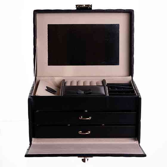 Скринька для прикрас з еко шкіри 3 яруси з дзеркалом органайзер для ювелірних виробів Чорний Yiwu HP-5-17B Коломыя