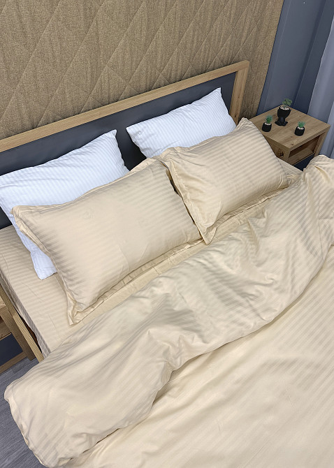 Комплект постільної білизни Страйп-сатин Двоспальний 180х220 з простирадлом на резинці Кремовий (88-102) Київ - фото 5