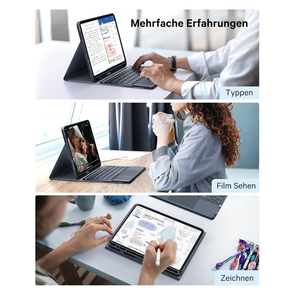 Чохол-клавіатура Earto для iPad Air 11 чорно-чорний QWERTZ трекпад 7 кольорів M3/M2 2025/2024 Київ - фото 3