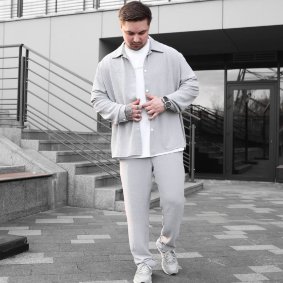 Чоловічий літній костюм Casual сорочка і штани Оверсайз жатка весна літо SANE сірий Одеса