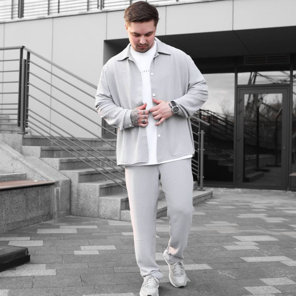 Чоловічий літній костюм Casual сорочка і штани Оверсайз жатка весна літо SANE сірий Одеса - фото 1