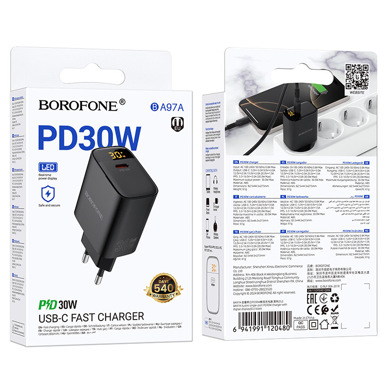 Сетевое зарядное устройство BOROFONE BA97A Ilustre single-port PD30W charger with digital display (EU) Black Одесса - изображение 2