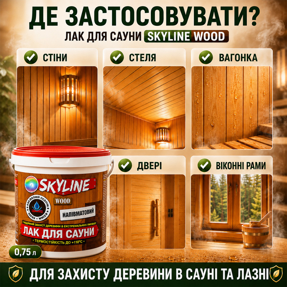 Лак для сауны SkyLine WOOD 3 л — акриловый полуматовый лак для дерева, прозрачный, без запаха, термостойкий до +110°C Харьков - изображение 3