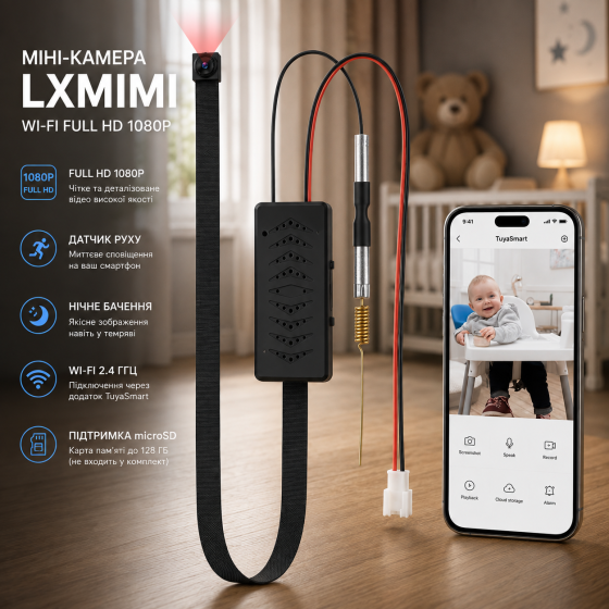Мини-камера LXMIMI Wi-Fi Full HD 1080P, TuyaSmart, датчик движения, ночное видение, microSD 128 ГБ, 2.4 ГГц Киев