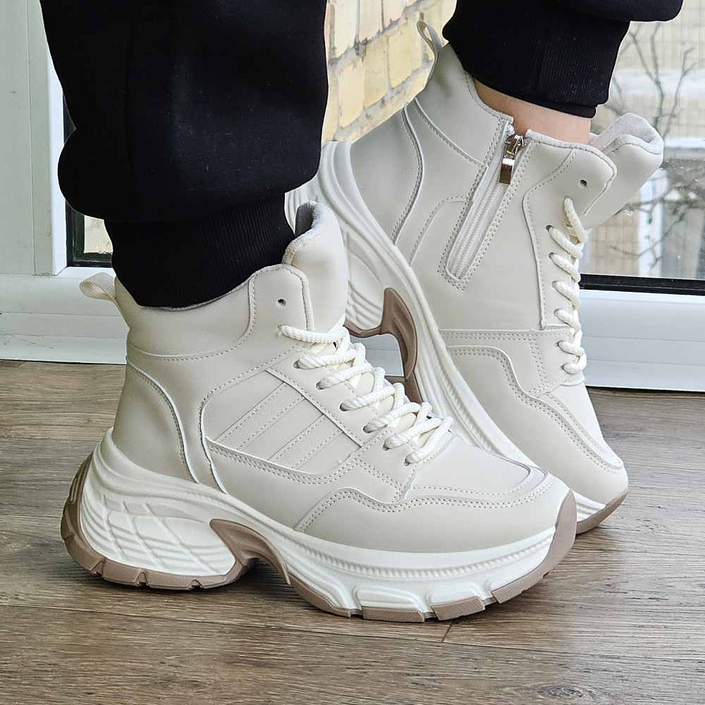 Зимові жіночі Бежеві Кросівки з МЕХОМ на Толстой Підошві Танкетке Ботинки Шкіряні Світлі (розміри: 36,37,38,39) Дніпро - фото 9