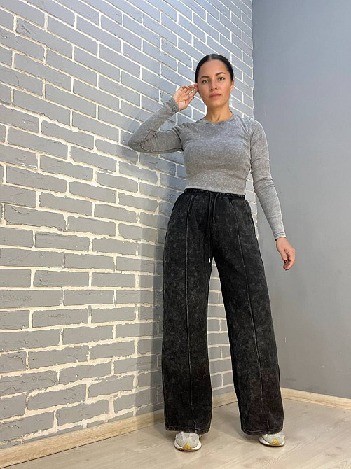 Штани жіночі Joy one 9066 варені широкі палаццо зі швом по центру та кишенями темно сірі, темно-сіри Одеса - фото 5