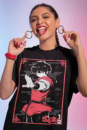 Футболка для хлопчика з аніме принтом Схампоо Руміко Ранма Гірл оверсайз (зріст від 165 до 180) Чорний AnimeJ0274m Дніпро