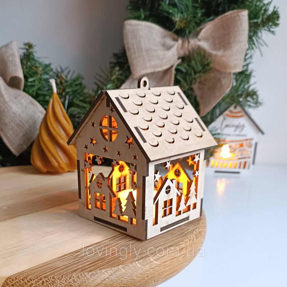 Домик-подвеска 10 см с LED подсветкой - новогоднее украшение из дерева. Праздничный декор ручной работы. Ирпень - изображение 2