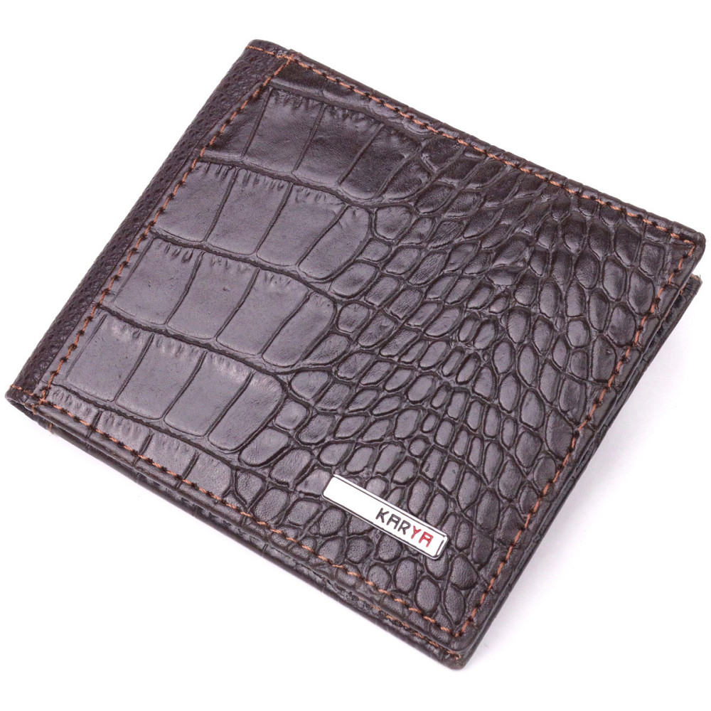 Фактурний чоловічий затиск із монетницею з натуральної шкіри з тисненням під крокодила Коричневий (KARYA) Київ - фото 5