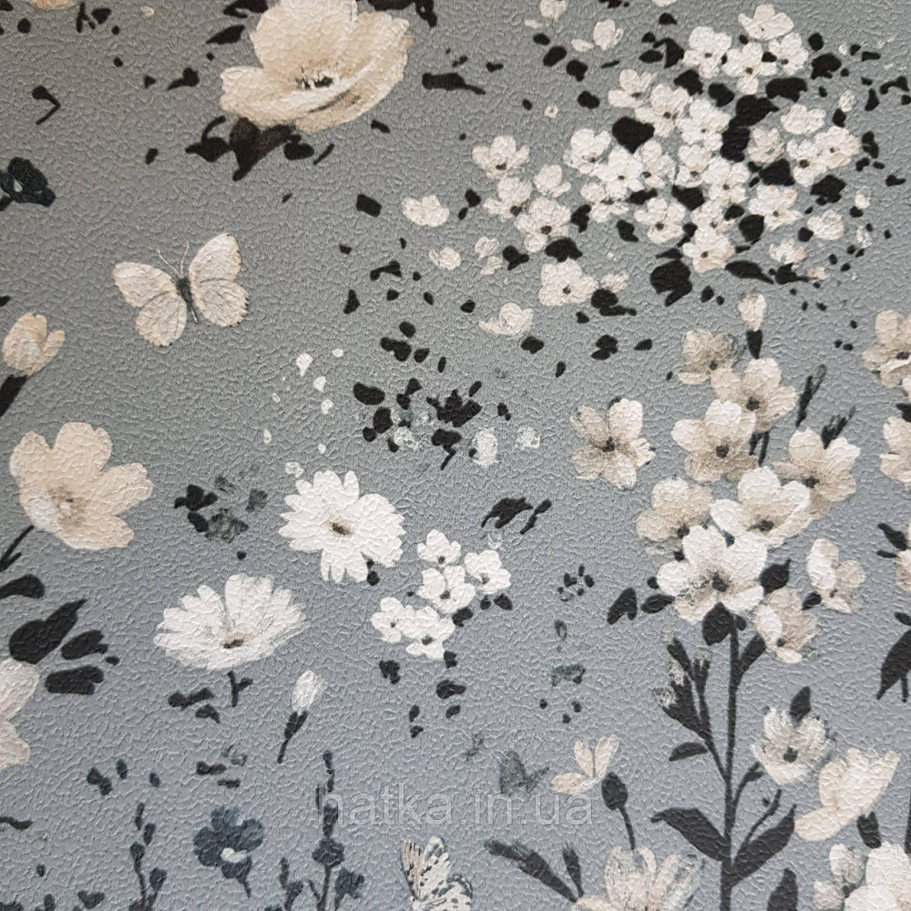 Шпалери вінілові на флізелін 0.53х10.05 Rasch Textil Petite Fleur 5.квіти прованс білі, бежеві, чорні на сірому Київ - фото 4