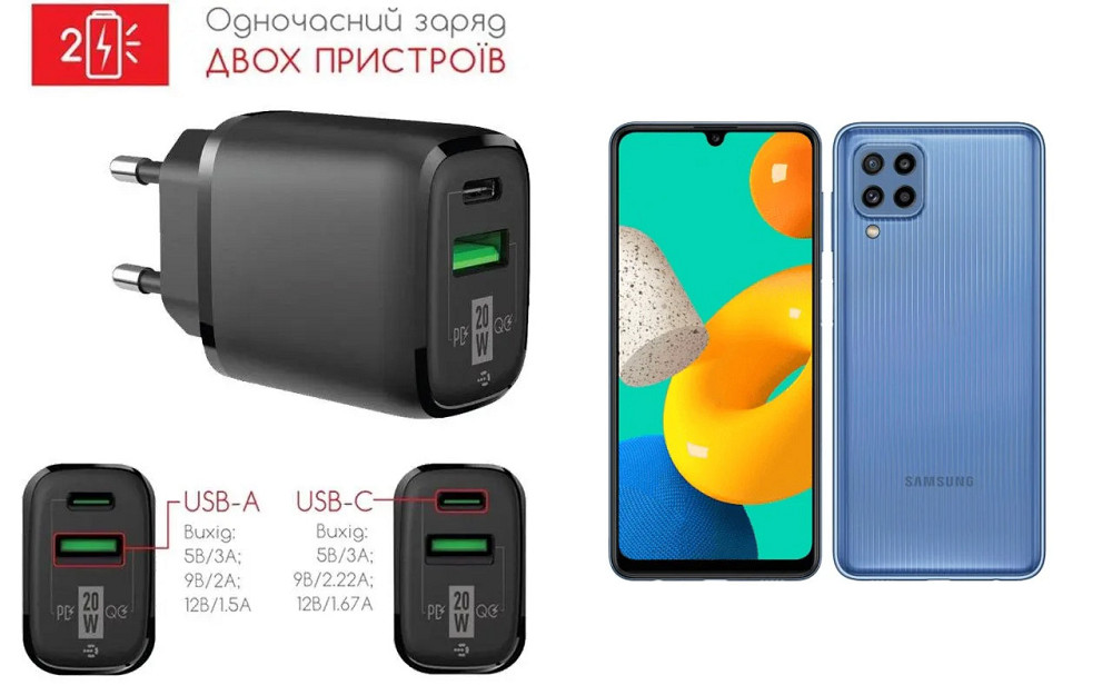 Сетевое зарядное устройство для Samsung Galaxy M32, 20W 3A, Quick Charge 3.0 Киев - изображение 1
