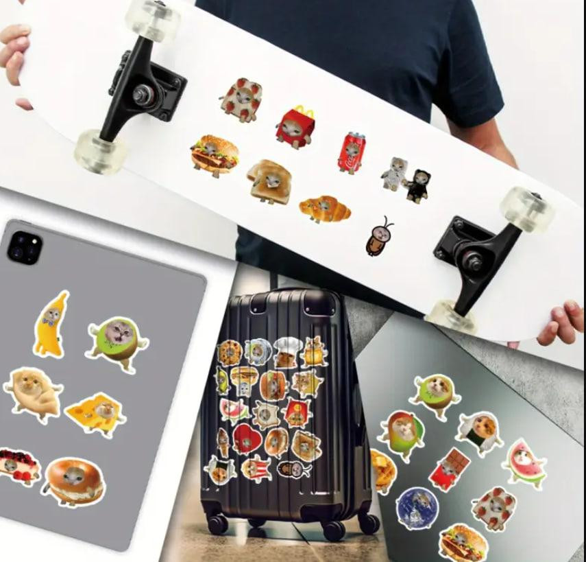 Стікери з котами та їжею - Водонепроникні вінілові наклейки з котами, стікербомбінг. Набір 50 штук. Київ - фото 7