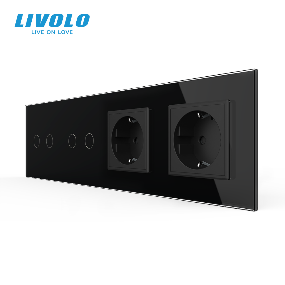 LIVOLO Сенсорний вимикач 4 сенсора (2-2) 2 розетки Livolo чорний скло (VL-C702/C702/C7C2EU-12) Коломия - фото 5