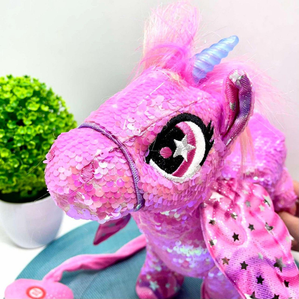 Іграшка м'яка інтерактивна Казкова конячка єдиноріг повідець звук світло Рожева (M 6202 I UA) Чернигов - изображение 9